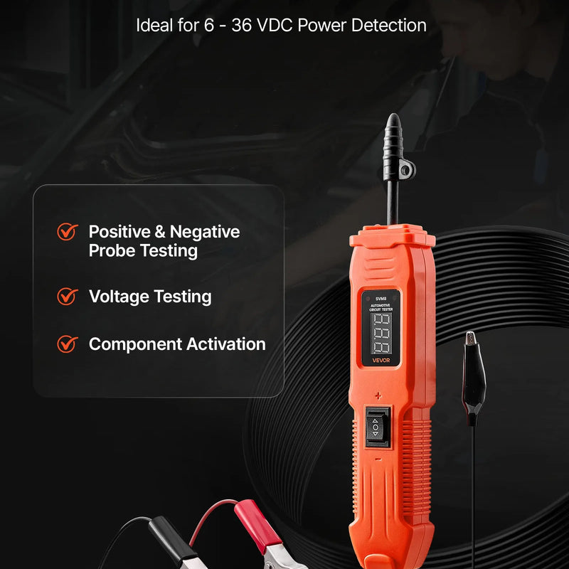 VEVOR automobiļu ķēžu testeris, 6–36 V līdzstrāvas jaudas ķēžu zondes testeris ar LED ekrānu un apgaismojumu, automobiļu jaudas testa zonde ar 4 m kabeli, ABS korpusa elektrisko ķēžu detektors un bojājumu meklētājs
