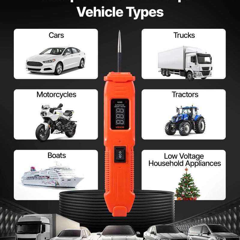 VEVOR automobiļu ķēžu testeris, 6–36 V līdzstrāvas jaudas ķēžu zondes testeris ar LED ekrānu un apgaismojumu, automobiļu jaudas testa zonde ar 4 m kabeli, ABS korpusa elektrisko ķēžu detektors un bojājumu meklētājs