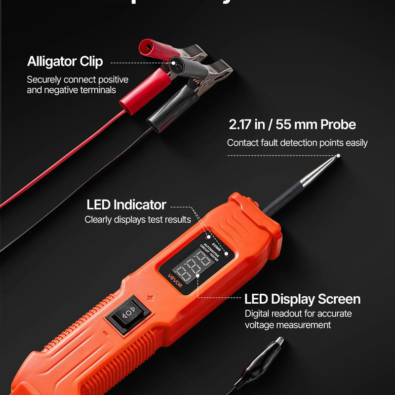 VEVOR automobiļu ķēžu testeris, 6–36 V līdzstrāvas jaudas ķēžu zondes testeris ar LED ekrānu un apgaismojumu, automobiļu jaudas testa zonde ar 4 m kabeli, ABS korpusa elektrisko ķēžu detektors un bojājumu meklētājs