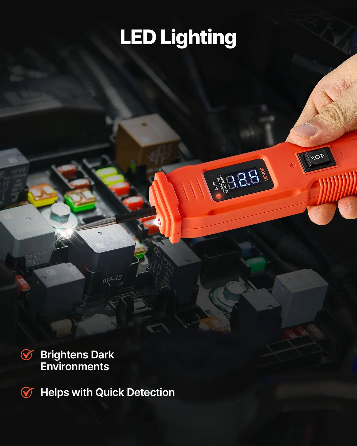 VEVOR automobiļu ķēžu testeris, 6–36 V līdzstrāvas jaudas ķēžu zondes testeris ar LED ekrānu un apgaismojumu, automobiļu jaudas testa zonde ar 4 m kabeli, ABS korpusa elektrisko ķēžu detektors un bojājumu meklētājs
