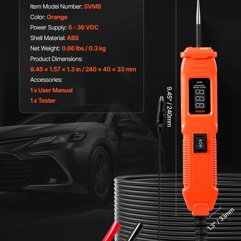 VEVOR automobiļu ķēžu testeris, 6–36 V līdzstrāvas jaudas ķēžu zondes testeris ar LED ekrānu un apgaismojumu, automobiļu jaudas testa zonde ar 4 m kabeli, ABS korpusa elektrisko ķēžu detektors un bojājumu meklētājs