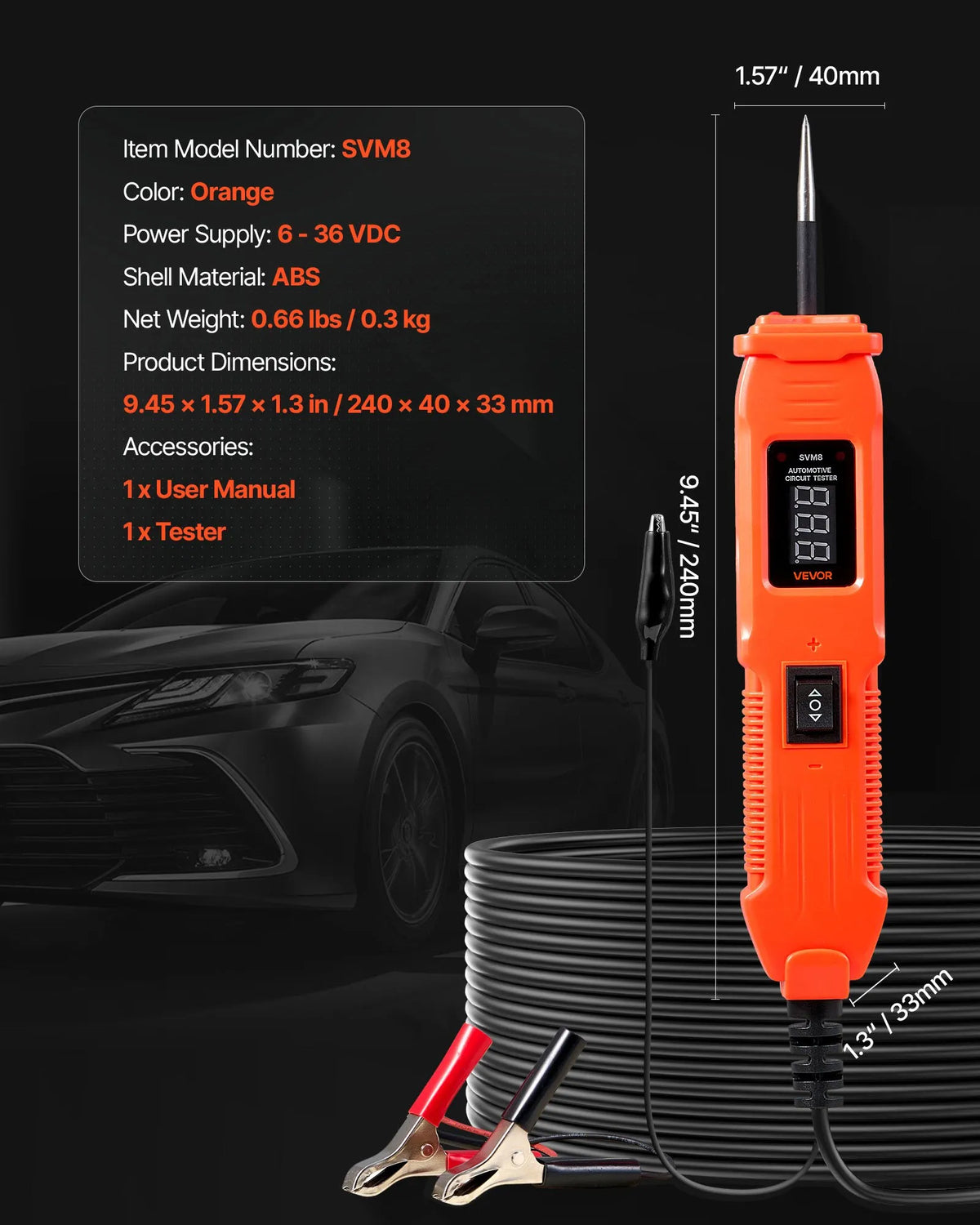 VEVOR automobiļu ķēžu testeris, 6–36 V līdzstrāvas jaudas ķēžu zondes testeris ar LED ekrānu un apgaismojumu, automobiļu jaudas testa zonde ar 4 m kabeli, ABS korpusa elektrisko ķēžu detektors un bojājumu meklētājs