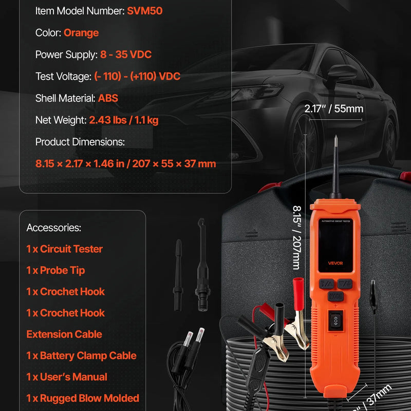 VEVOR automobiļu ķēžu testeris, 8–35 V līdzstrāvas jaudas ķēžu zondes testeris ar TFT krāsu displeju un apgaismojumu, automobiļu jaudas testera zonde ar 6 m kabeli, 2-in-1 elektrisko ķēžu detektors un bojājumu meklētājs