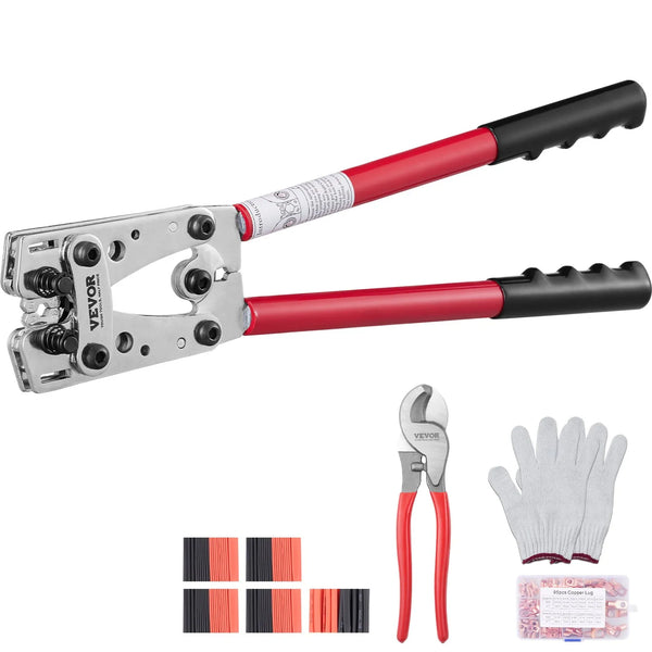 Bateriju kabeļu presēšanas instruments 10–1/0 AWG, ar kabeļu griezni, 95 vara uzgaļiem, 6 izmēru spiedformas un 100 termo saraušanās caurulītes, smagslodzes kabeļu galiem