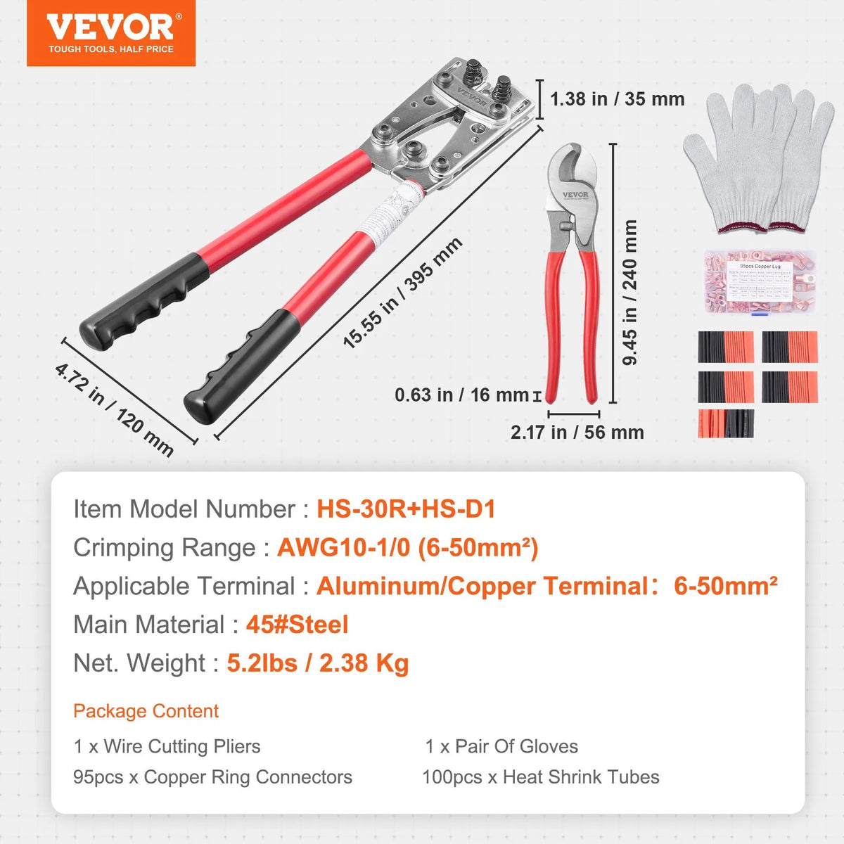 VEVOR Battery Cable Lug Crimping Tool 10–50 mm², with Cable Cutter, 48 Copper Ring Terminals, 6 Crimping Die Sets and 100 Heat Shrink Tubes, for Heavy-Duty Wire Lugs