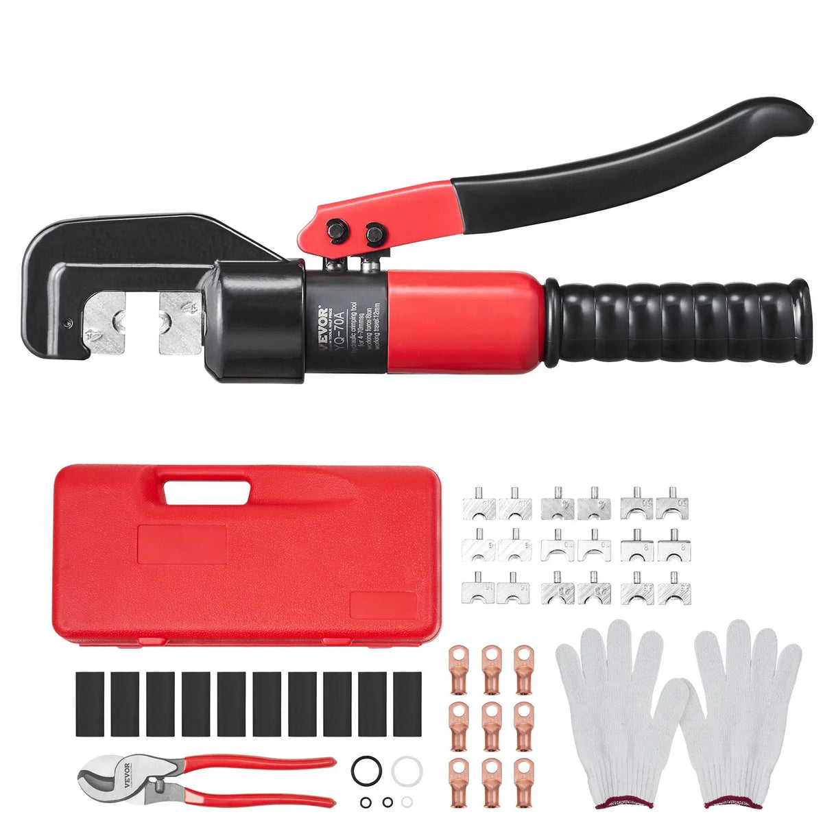VEVOR Hydraulic Cable Lug Crimper with 9 Die Sets (AWG 12–2/0) for Copper and Aluminium Cable Lugs, Rotating Crimping Head, Gloves, 5 Copper Ring Terminals and 8 Heat Shrink Tubing Sleeves