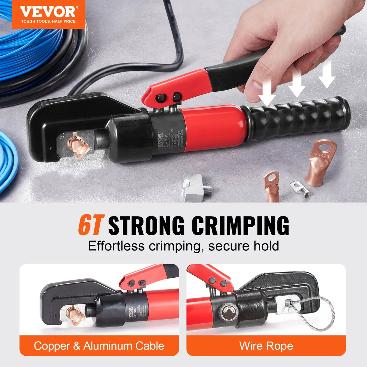 VEVOR Hydraulic Cable Lug Crimper with 9 Die Sets (AWG 12–2/0) for Copper and Aluminium Cable Lugs, Rotating Crimping Head, Gloves, 5 Copper Ring Terminals and 8 Heat Shrink Tubing Sleeves