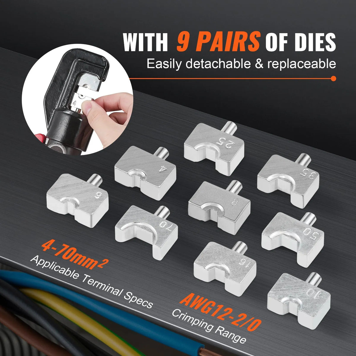 VEVOR Hydraulic Cable Lug Crimper with 9 Die Sets (AWG 12–2/0) for Copper and Aluminium Cable Lugs, Rotating Crimping Head, Gloves, 5 Copper Ring Terminals and 8 Heat Shrink Tubing Sleeves