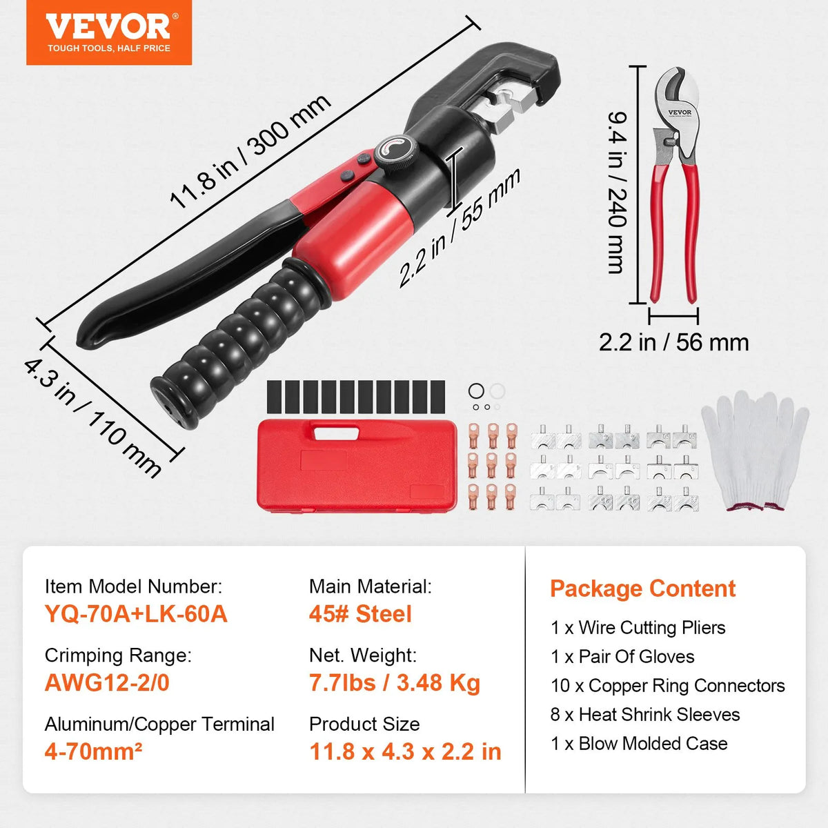 VEVOR Hydraulic Cable Lug Crimper with 9 Die Sets (AWG 12–2/0) for Copper and Aluminium Cable Lugs, Rotating Crimping Head, Gloves, 5 Copper Ring Terminals and 8 Heat Shrink Tubing Sleeves