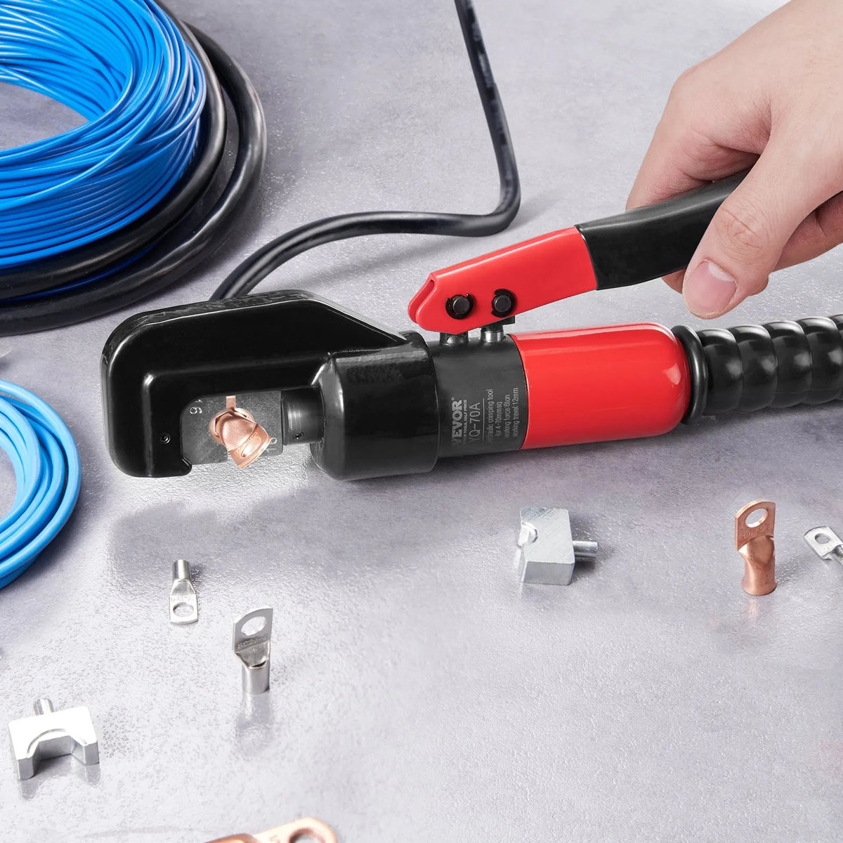 VEVOR Hydraulic Cable Lug Crimper with 9 Die Sets (AWG 12–2/0) for Copper and Aluminium Cable Lugs, Rotating Crimping Head, Gloves, 5 Copper Ring Terminals and 8 Heat Shrink Tubing Sleeves