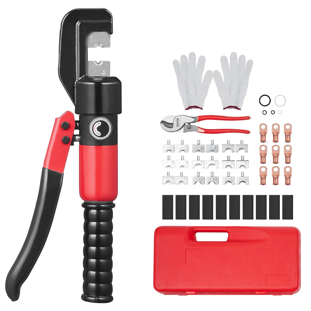 VEVOR Hydraulic Cable Lug Crimper with 9 Die Sets (AWG 12–2/0) for Copper and Aluminium Cable Lugs, Rotating Crimping Head, Gloves, 5 Copper Ring Terminals and 8 Heat Shrink Tubing Sleeves