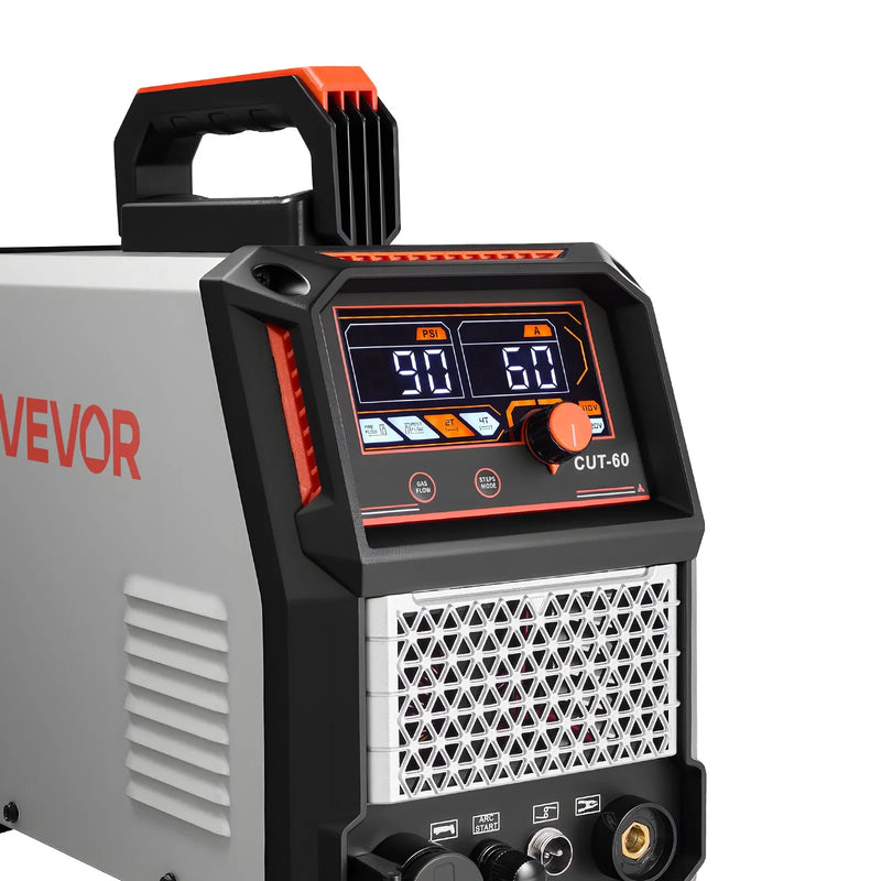 VEVOR 60 A bezkontakta pilotloka plazmas griešanas iekārta ar digitālo displeju un IGBT invertoru, 2T/4T funkciju un regulējamu PA/PT laiku, paredzēta rūpnieciskai lietošanai (400 V trīsfāžu barošanas avots)