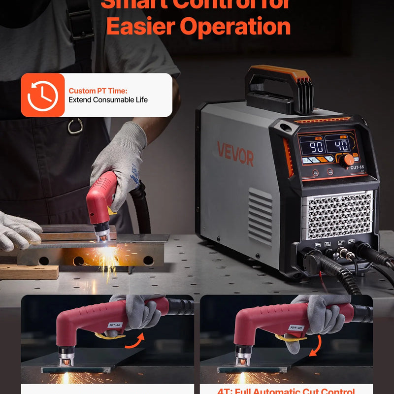 Plazmas griezējs 65 A ar bezkontakta pilotloku, ne-augstfrekvences plazmas griešanas iekārta ar 2T/4T funkciju un regulējamu PT laiku, digitālo displeju un IGBT invertoru, piemērota mājas remontiem un darbnīcām