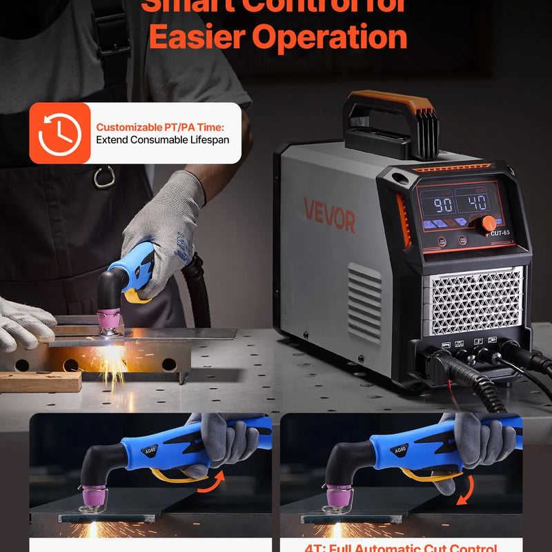 Plazmas griezējs 65 A ar bezkontakta pilotloku, 220 V digitālo displeju un IGBT invertoru, aprīkots ar 2T/4T funkciju un regulējamu PA/PT laiku, piemērots mājas remontiem un darbnīcām