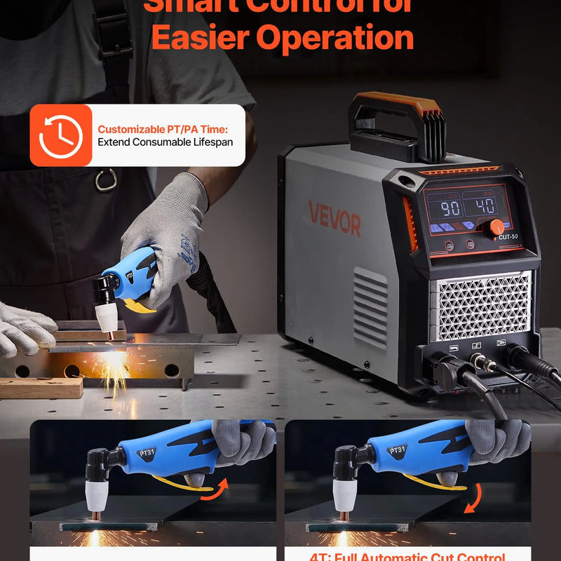 Plazmas griezējs 50 A ar 220 V digitālo displeju un IGBT invertoru, aprīkots ar 2T/4T funkciju un regulējamu PA/PT laiku, piemērots mājas remontiem un darbnīcām