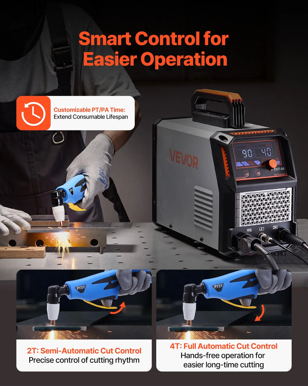 VEVOR Plasma Cutter 50 A, 220 V, IGBT, Digital Display, 2T/4T, Adjustable PA/PT Time