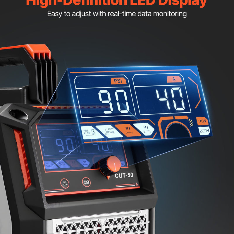 Plazmas griezējs 50 A ar 220 V digitālo displeju un IGBT invertoru, aprīkots ar 2T/4T funkciju un regulējamu PA/PT laiku, piemērots mājas remontiem un darbnīcām