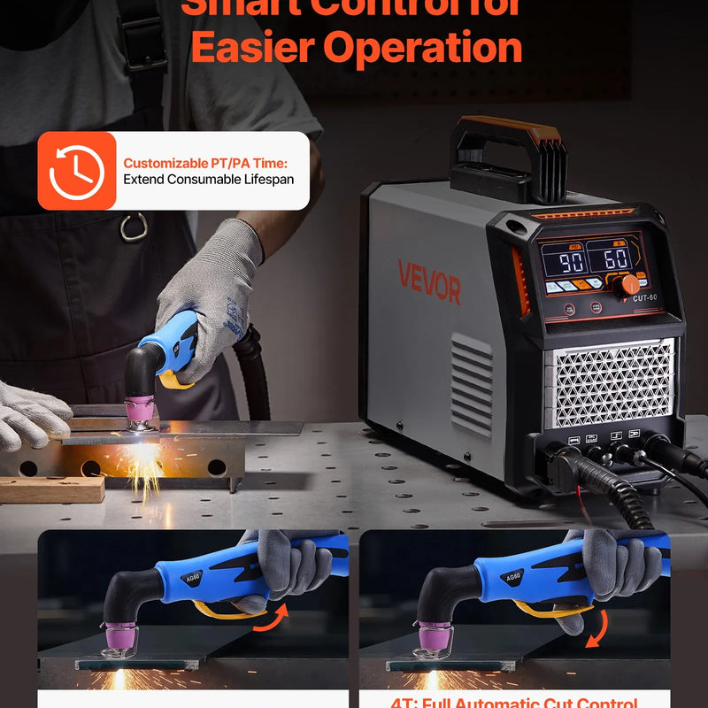 VEVOR plazmas griezējs, 60 A bezkontakta pilotloka plazmas griešanas iekārta ar digitālo displeju un IGBT invertoru, 2T/4T funkcija un regulējams PA/PT laiks, paredzēta rūpnieciskai lietošanai (400 V trīsfāžu barošana)