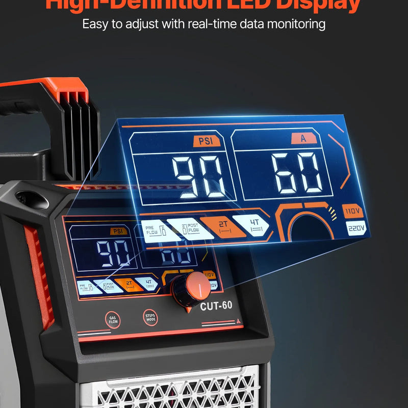 VEVOR plazmas griezējs, 60 A bezkontakta pilotloka plazmas griešanas iekārta ar digitālo displeju un IGBT invertoru, 2T/4T funkcija un regulējams PA/PT laiks, paredzēta rūpnieciskai lietošanai (400 V trīsfāžu barošana)