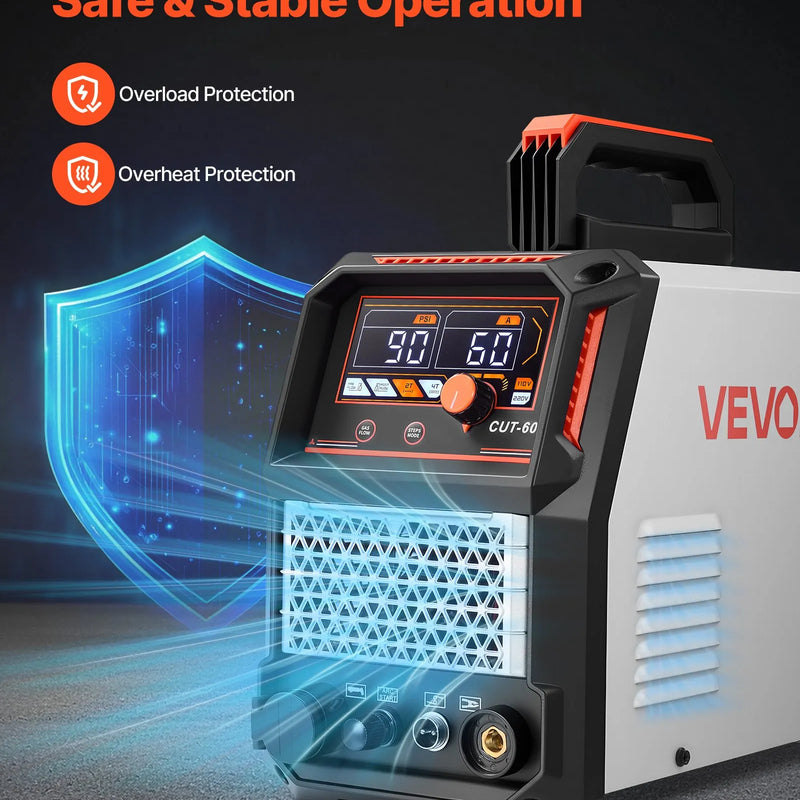 VEVOR plazmas griezējs, 60 A bezkontakta pilotloka plazmas griešanas iekārta ar digitālo displeju un IGBT invertoru, 2T/4T funkcija un regulējams PA/PT laiks, paredzēta rūpnieciskai lietošanai (400 V trīsfāžu barošana)
