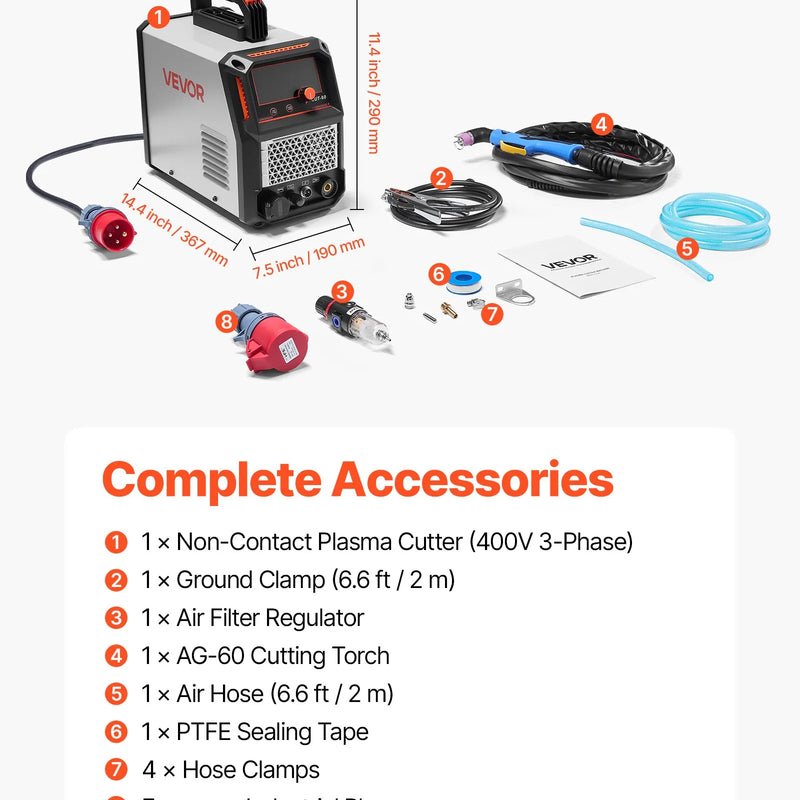 VEVOR plazmas griezējs, 60 A bezkontakta pilotloka plazmas griešanas iekārta ar digitālo displeju un IGBT invertoru, 2T/4T funkcija un regulējams PA/PT laiks, paredzēta rūpnieciskai lietošanai (400 V trīsfāžu barošana)