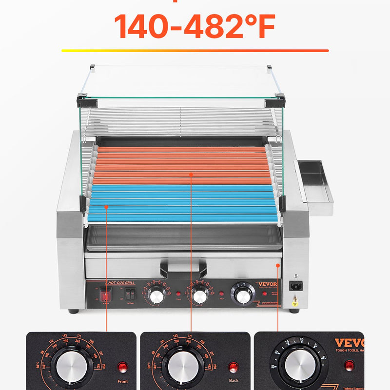 Elektriskais hotdogu grils ar 11 rullīšiem un maizīšu sildītāju, 2400 W