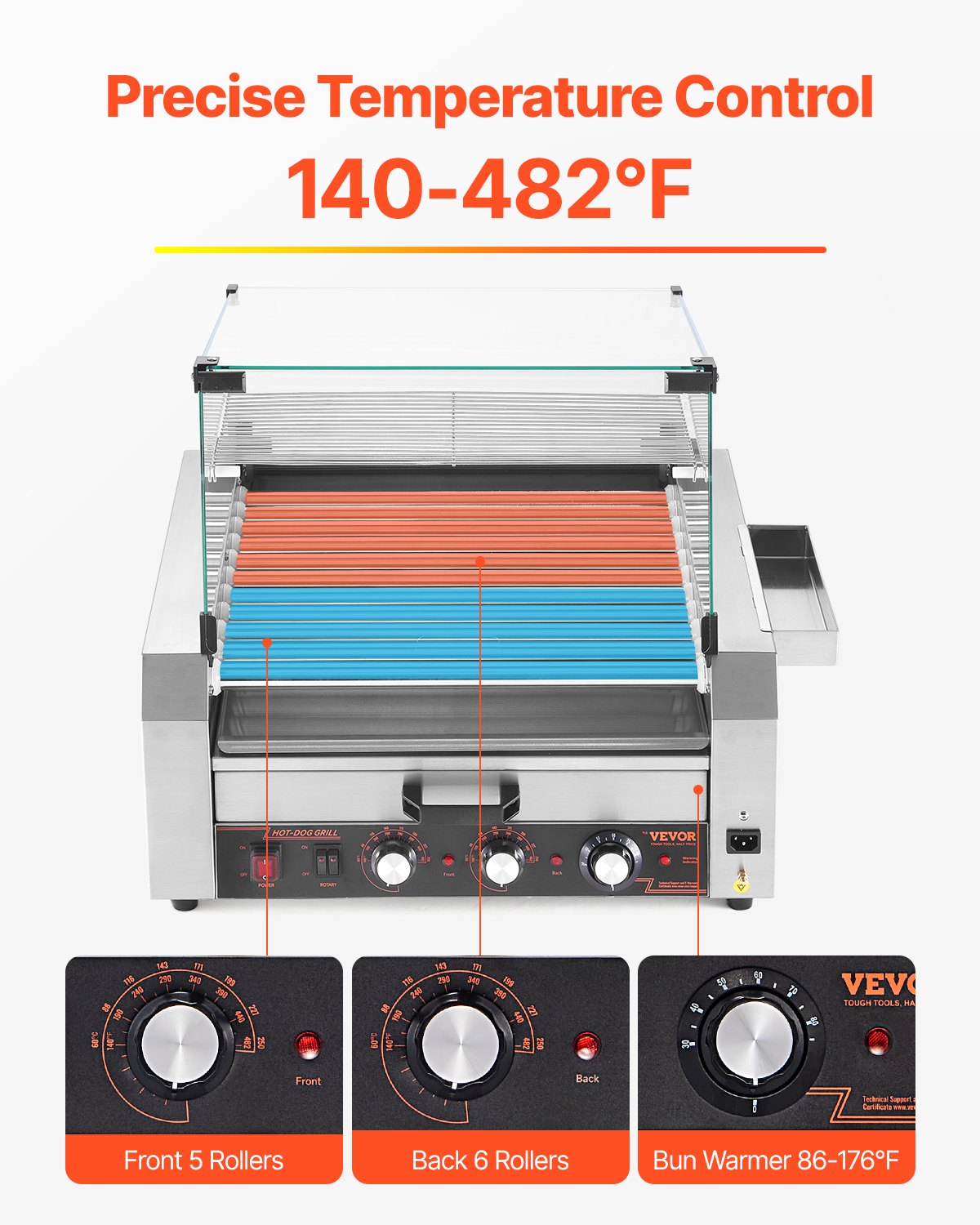 VEVOR elektriline hotdogigrill 11 rulli ja kuklisoojendajaga, 2400 W