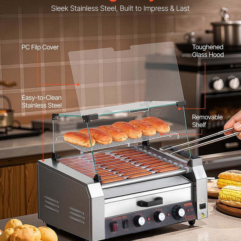 Elektriskais hotdogu grils ar 11 rullīšiem un maizīšu sildītāju, 2400 W