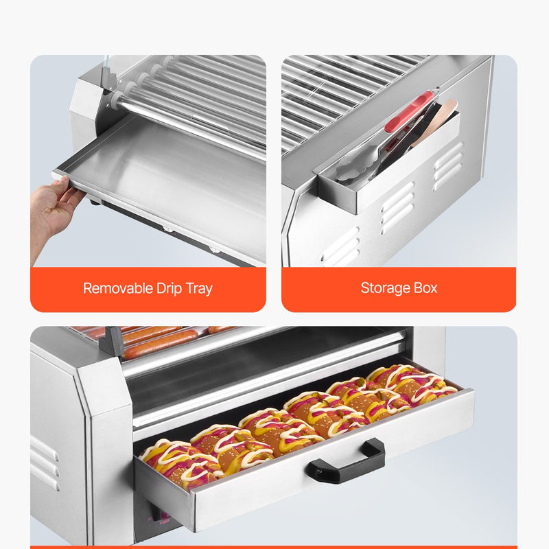 Elektriskais hotdogu grils ar 11 rullīšiem un maizīšu sildītāju, 2400 W