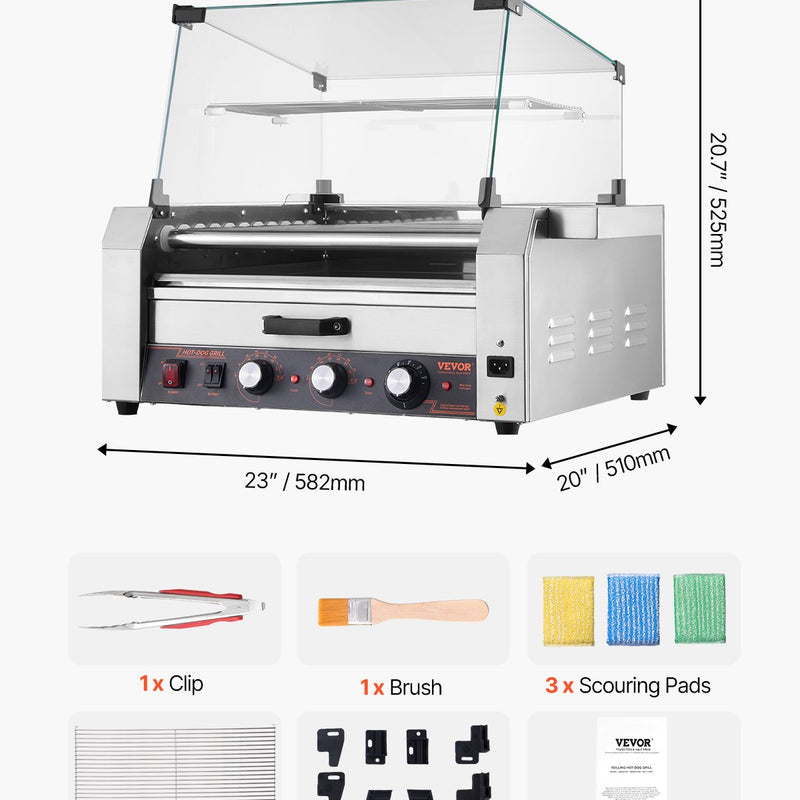 Elektriskais hotdogu grils ar 11 rullīšiem un maizīšu sildītāju, 2400 W