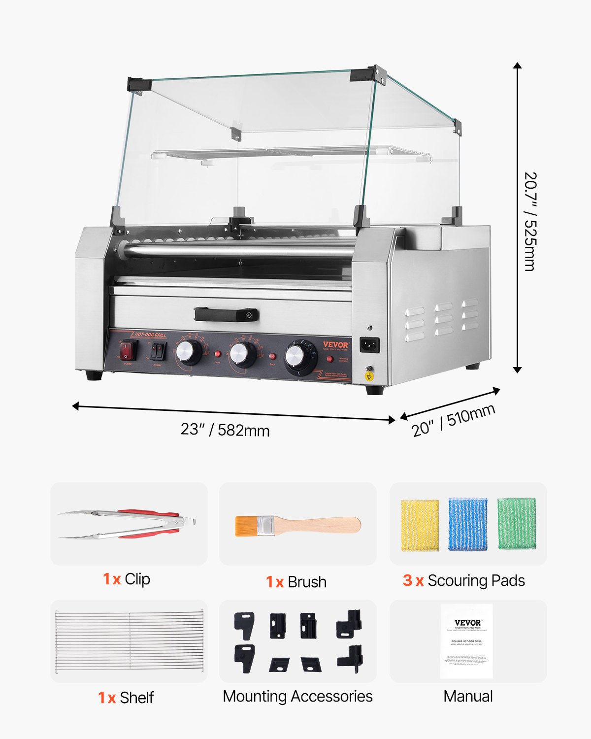 VEVOR elektriline hotdogigrill 11 rulli ja kuklisoojendajaga, 2400 W