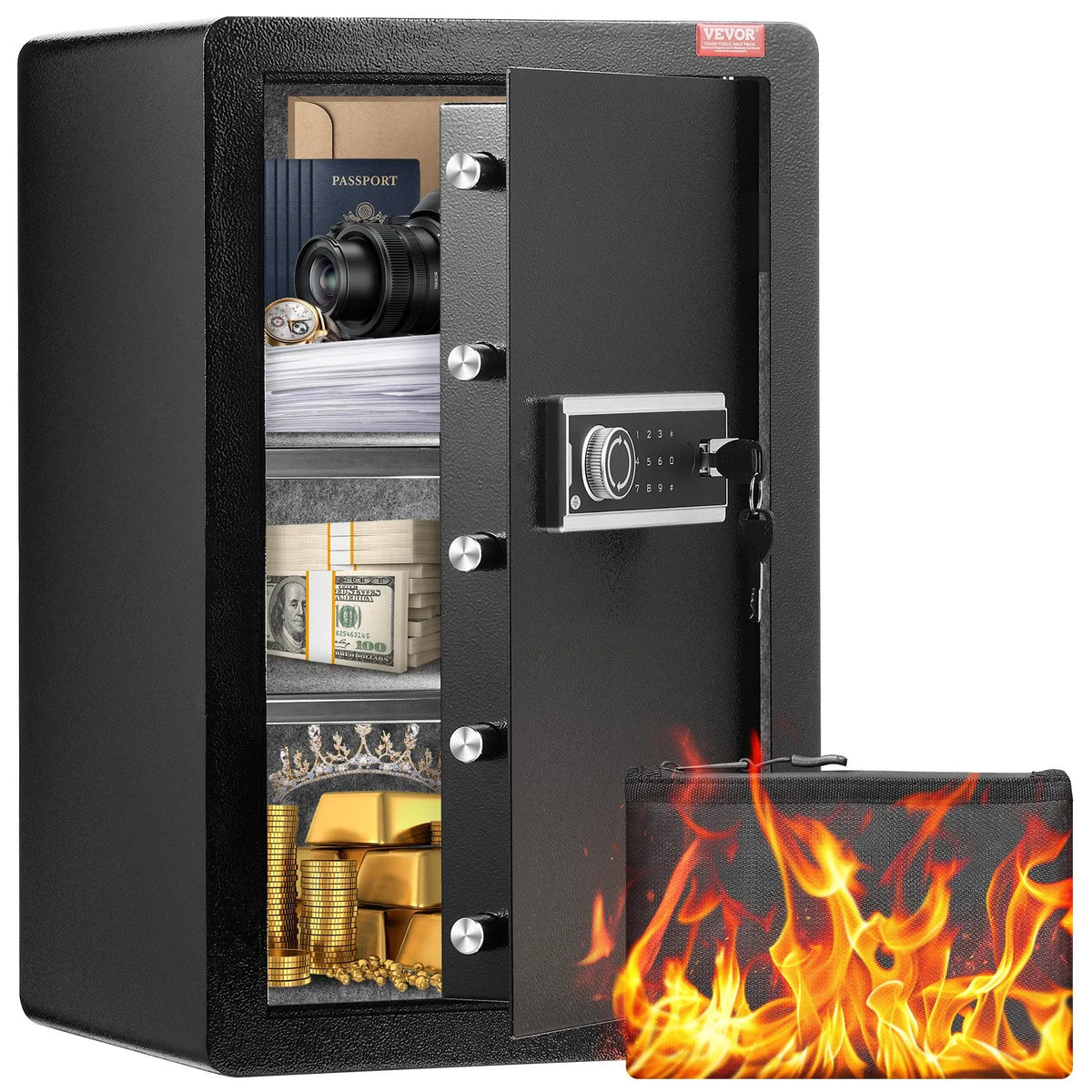VEVOR Single Door 99 L Safe with Key and Password Lock, Fireproof Bag, Key Holder, LED Light and 2 Shelves for Cash, Documents, Jewellery and Valuables, Black