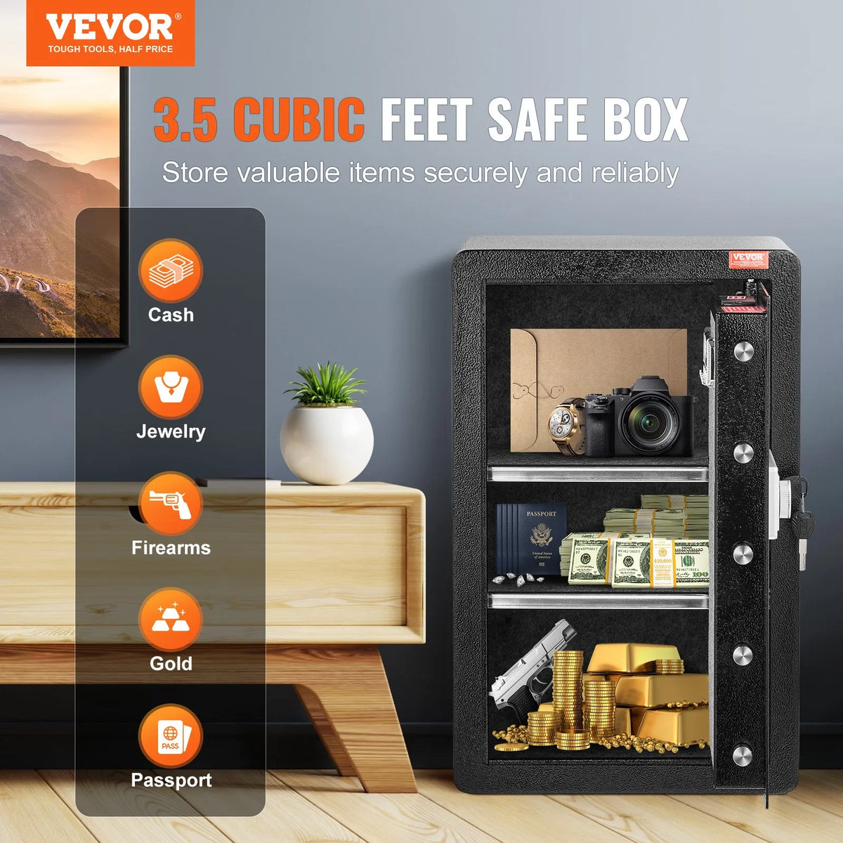 VEVOR Single Door 99 L Safe with Key and Password Lock, Fireproof Bag, Key Holder, LED Light and 2 Shelves for Cash, Documents, Jewellery and Valuables, Black