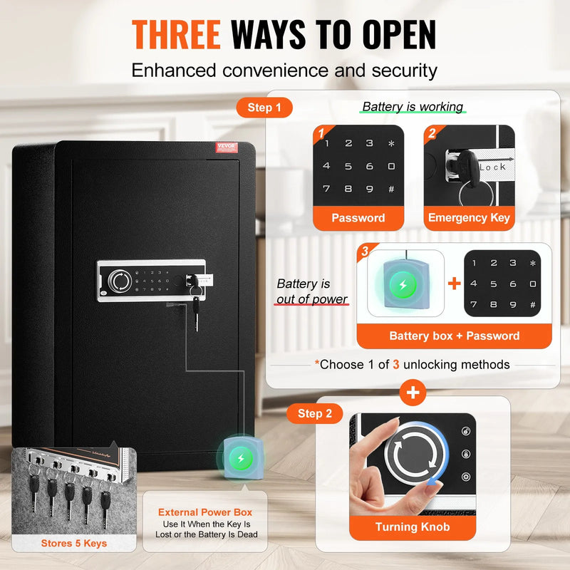 VEVOR vienu durvju 99 l seifs ar atslēgas un paroles slēdzeni, ugunsdrošo somu, atslēgu turētāju, LED apgaismojumu un 2 plauktiem naudai, dokumentiem, rotaslietām un vērtīgām lietām, melns