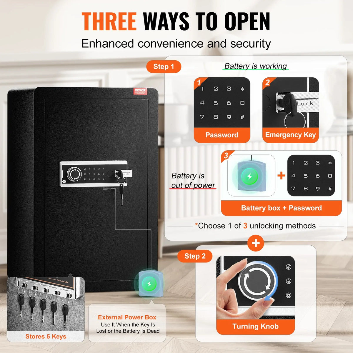 VEVOR Single Door 99 L Safe with Key and Password Lock, Fireproof Bag, Key Holder, LED Light and 2 Shelves for Cash, Documents, Jewellery and Valuables, Black