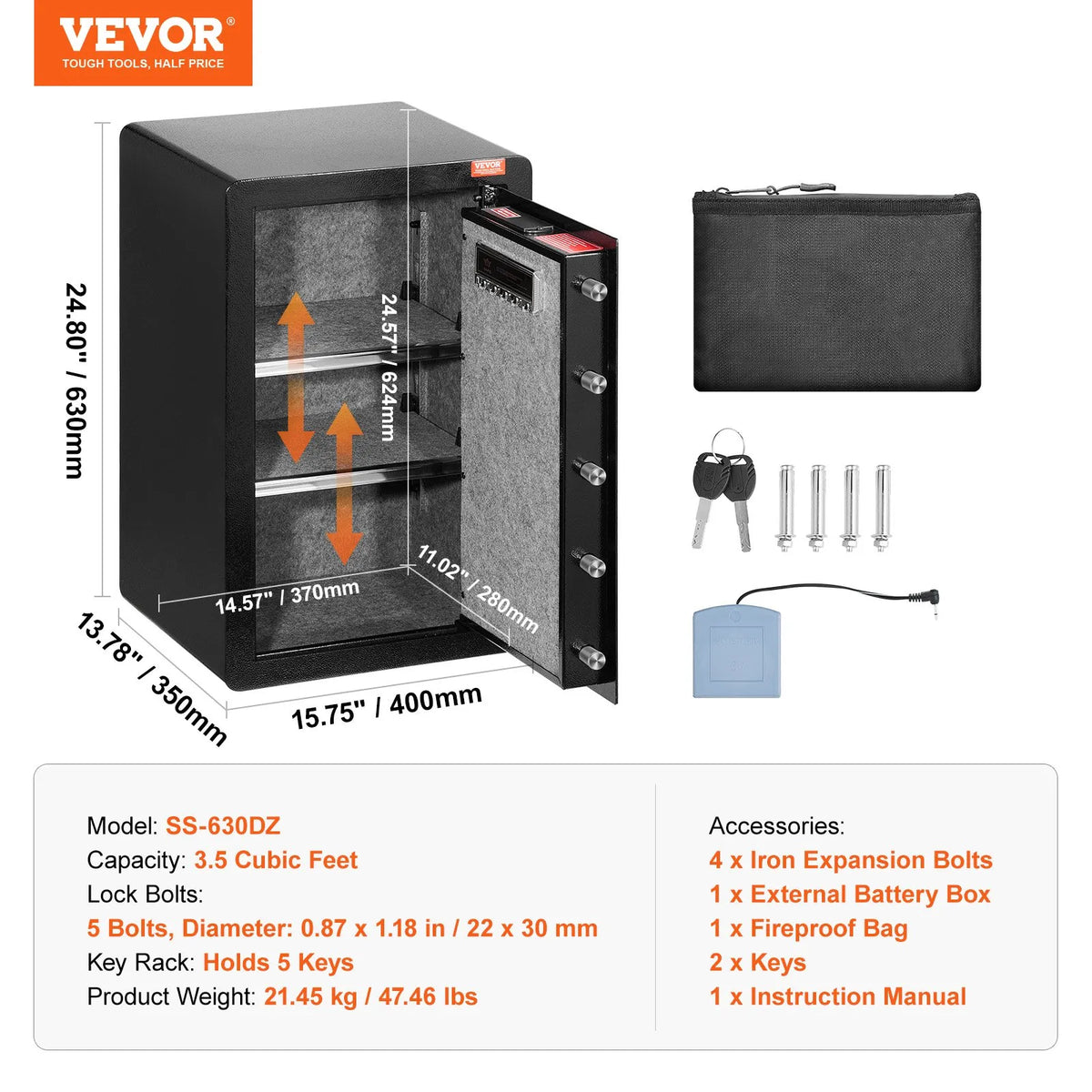VEVOR Single Door 99 L Safe with Key and Password Lock, Fireproof Bag, Key Holder, LED Light and 2 Shelves for Cash, Documents, Jewellery and Valuables, Black