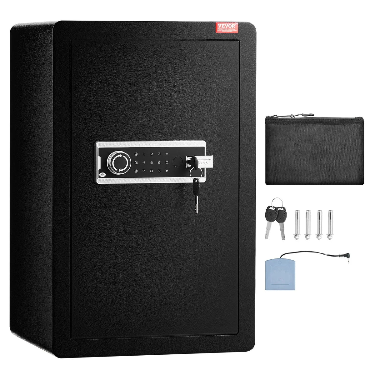 VEVOR Single Door 99 L Safe with Key and Password Lock, Fireproof Bag, Key Holder, LED Light and 2 Shelves for Cash, Documents, Jewellery and Valuables, Black