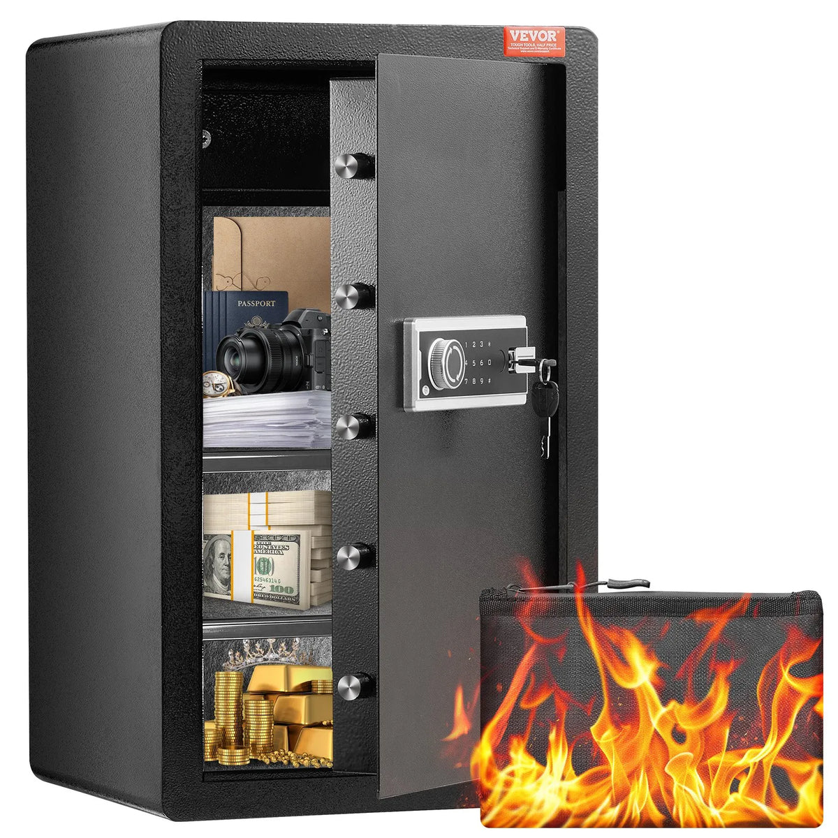 VEVOR Single Door 113 L Safe with Key and Password Lock, Security Safe with Fireproof Bag, Key Holder, LED Lighting, 2 Shelves and 1 Money Compartment for Documents, Jewellery and Valuables, Black