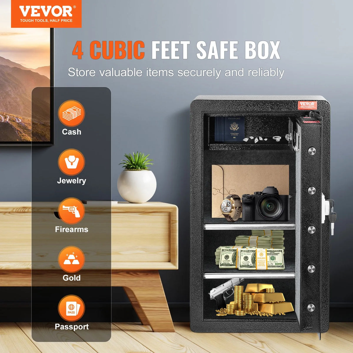 VEVOR Single Door 113 L Safe with Key and Password Lock, Security Safe with Fireproof Bag, Key Holder, LED Lighting, 2 Shelves and 1 Money Compartment for Documents, Jewellery and Valuables, Black