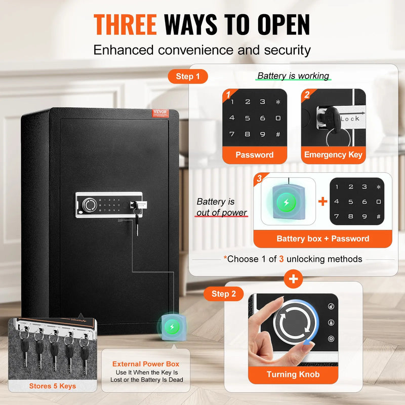 VEVOR vienu durvju 113 l seifs ar atslēgas un paroles slēdzeni, drošības seifs ar ugunsdrošo somu, atslēgu turētāju, LED apgaismojumu, 2 plauktiem un 1 nodalījumu naudai, dokumentiem, rotaslietām un vērtīgām lietām, melns