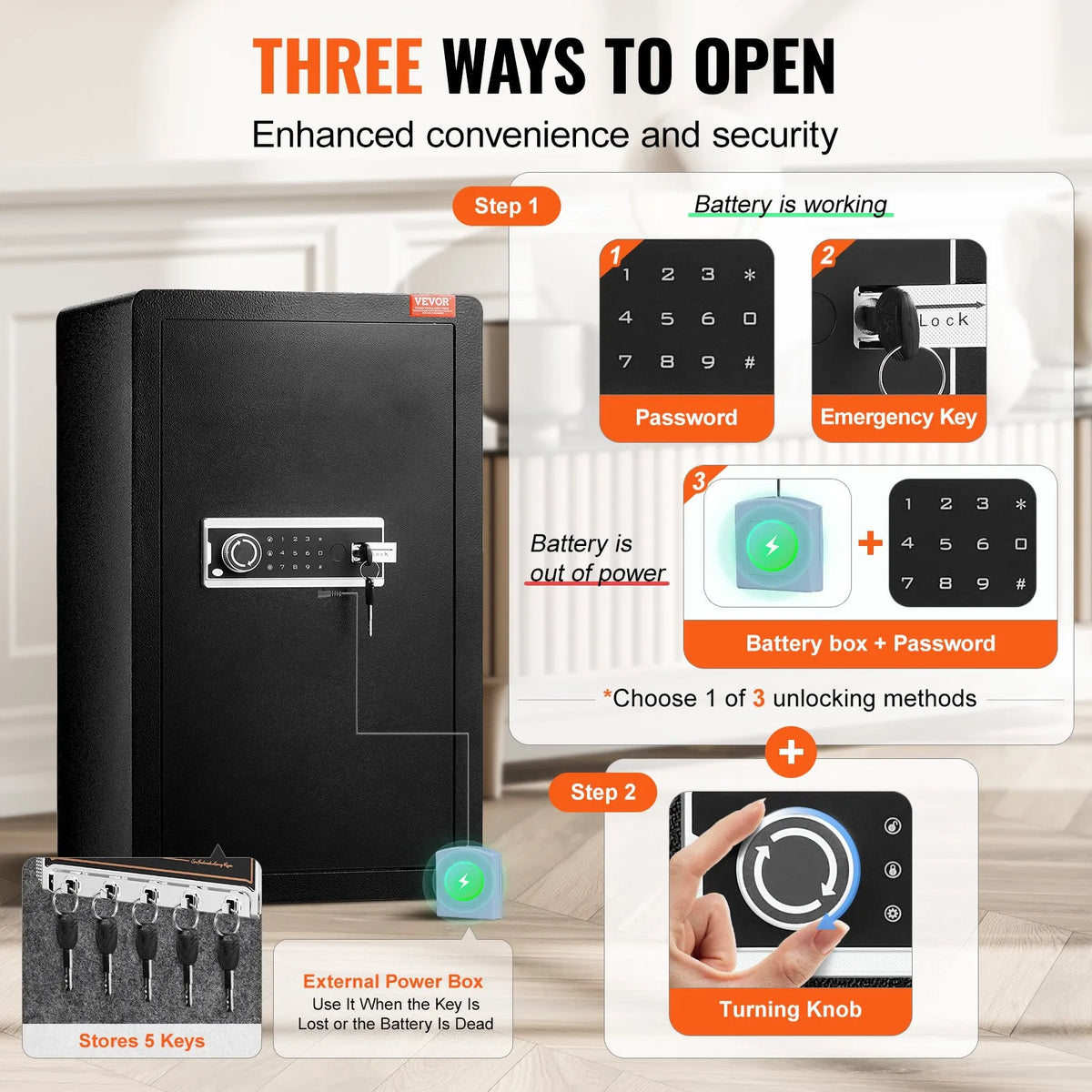 VEVOR Single Door 113 L Safe with Key and Password Lock, Security Safe with Fireproof Bag, Key Holder, LED Lighting, 2 Shelves and 1 Money Compartment for Documents, Jewellery and Valuables, Black
