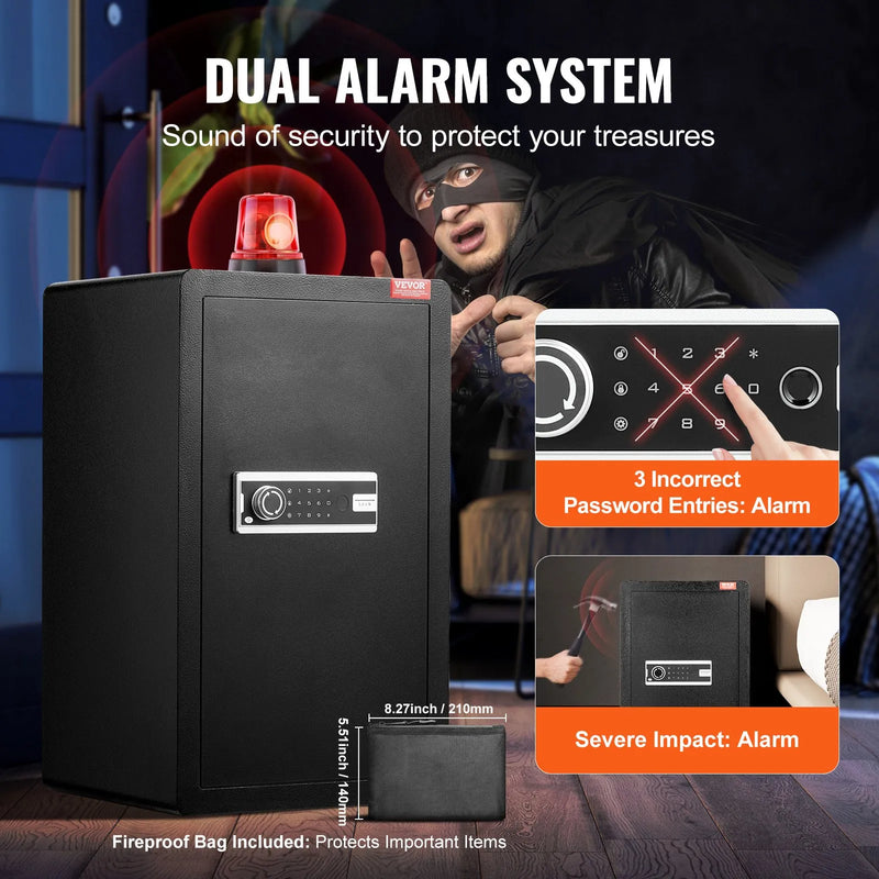 VEVOR vienu durvju 113 l seifs ar atslēgas un paroles slēdzeni, drošības seifs ar ugunsdrošo somu, atslēgu turētāju, LED apgaismojumu, 2 plauktiem un 1 nodalījumu naudai, dokumentiem, rotaslietām un vērtīgām lietām, melns