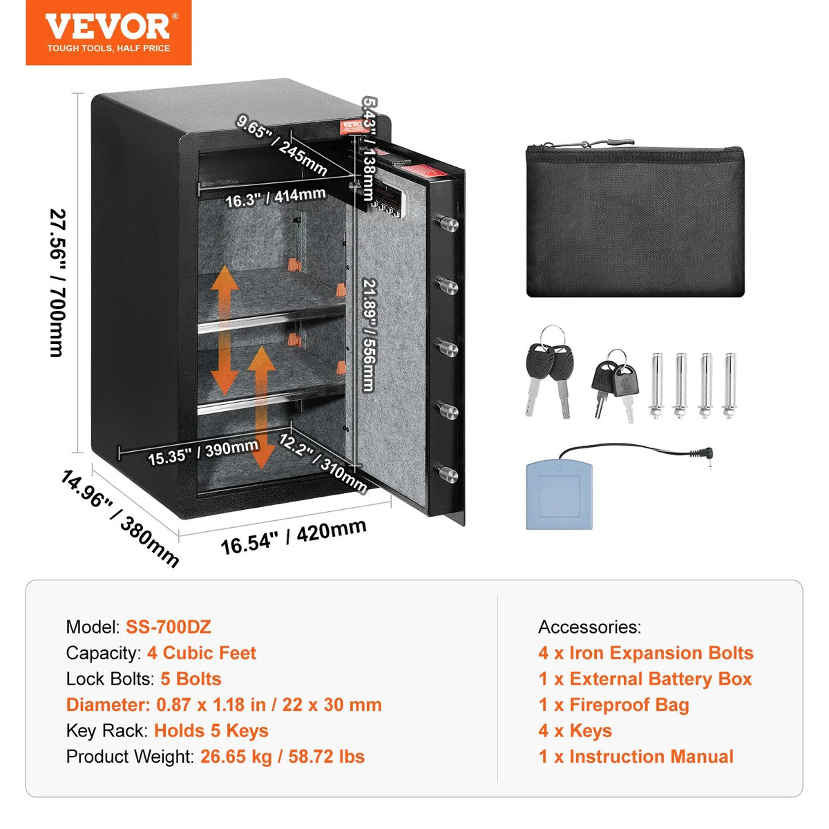 VEVOR Single Door 113 L Safe with Key and Password Lock, Security Safe with Fireproof Bag, Key Holder, LED Lighting, 2 Shelves and 1 Money Compartment for Documents, Jewellery and Valuables, Black