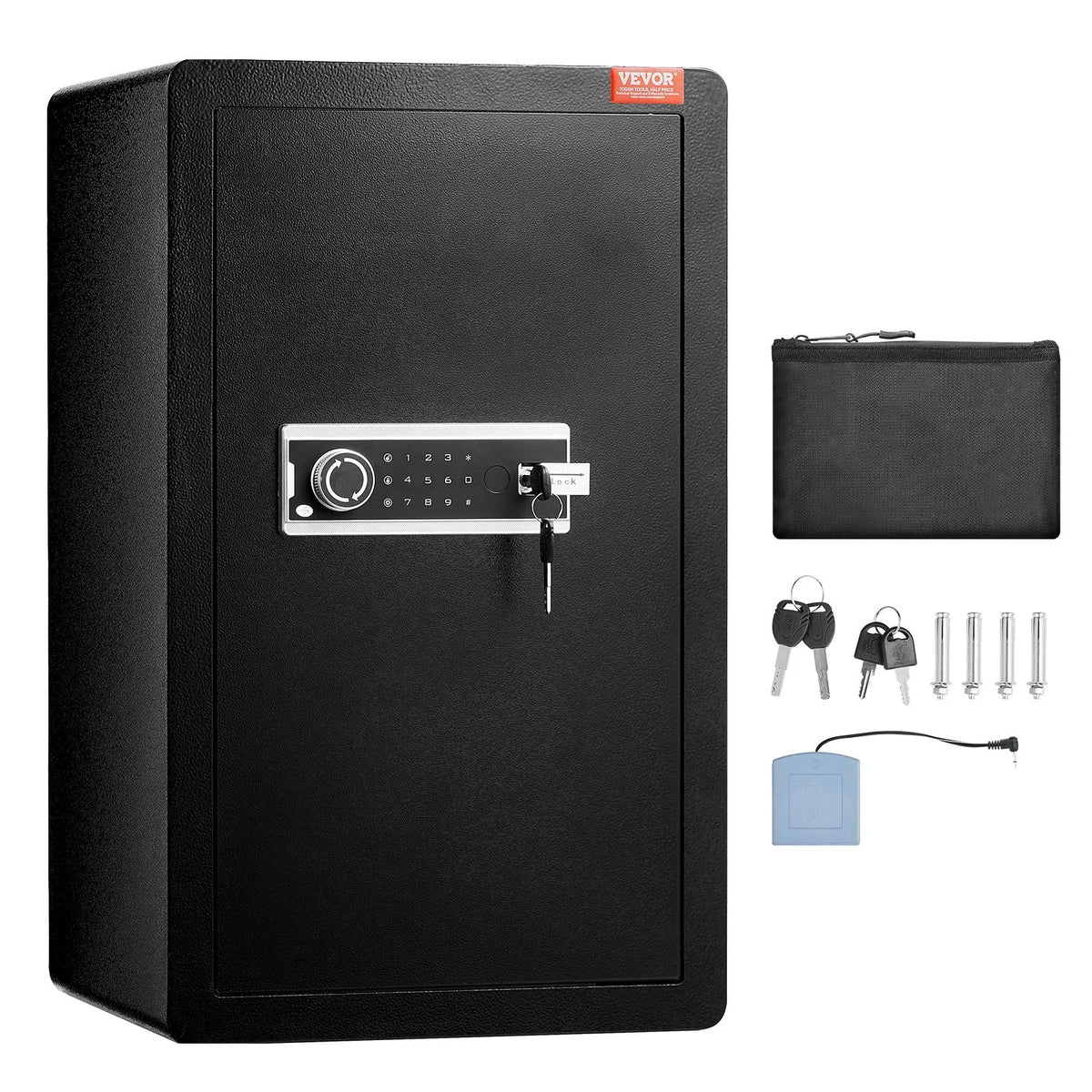 VEVOR Single Door 113 L Safe with Key and Password Lock, Security Safe with Fireproof Bag, Key Holder, LED Lighting, 2 Shelves and 1 Money Compartment for Documents, Jewellery and Valuables, Black