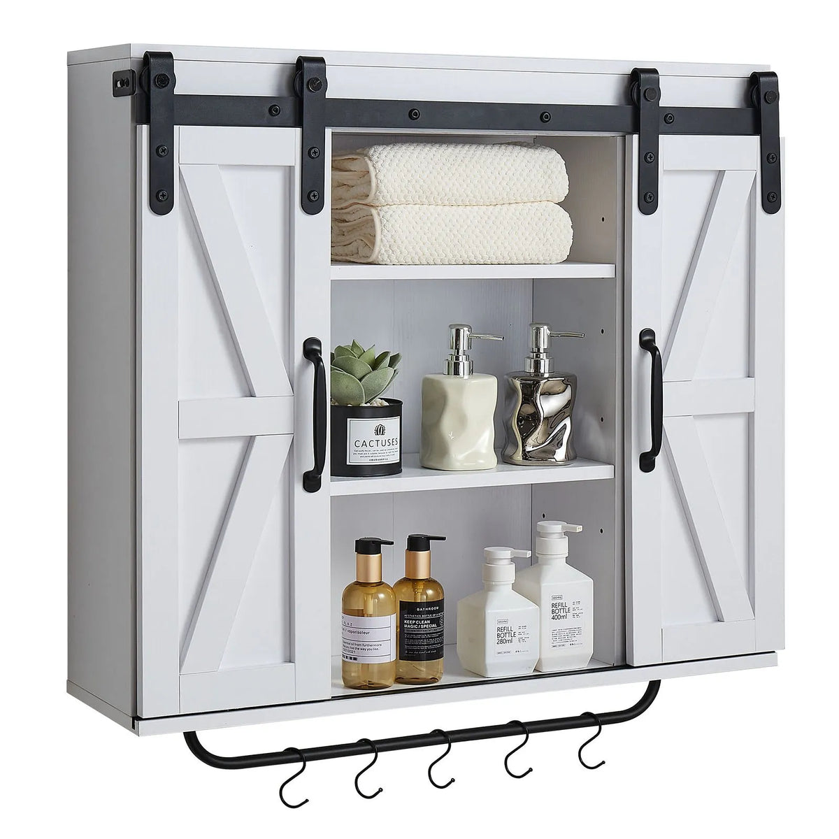 VEVOR Bathroom Wall Cabinet with 2 Doors and Adjustable Shelf, Hanging Cabinet Above Toilet with Open Compartment, Towel Rack and Hooks, Suitable for Bathroom, Laundry or Kitchen, White