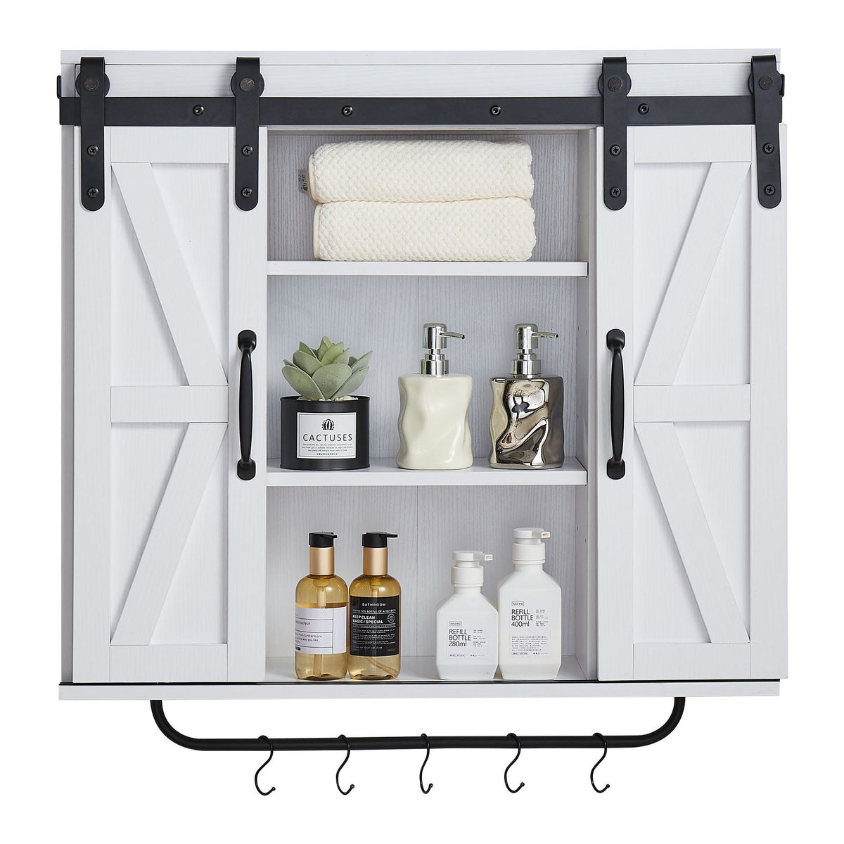 VEVOR Bathroom Wall Cabinet with 2 Doors and Adjustable Shelf, Hanging Cabinet Above Toilet with Open Compartment, Towel Rack and Hooks, Suitable for Bathroom, Laundry or Kitchen, White
