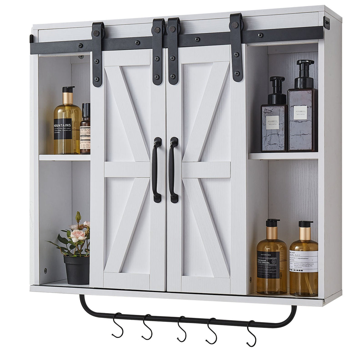 VEVOR Bathroom Wall Cabinet with 2 Doors and Adjustable Shelf, Hanging Cabinet Above Toilet with Open Compartment, Towel Rack and Hooks, Suitable for Bathroom, Laundry or Kitchen, White