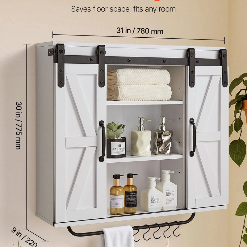 VEVOR vannas istabas sienas skapis ar 2 durvīm un regulējamu plauktu, piekaramais skapītis virs tualetes ar atvērtu nodalījumu, dvieļu turētāju un āķiem, piemērots vannas istabai, veļas vai virtuves telpai, balts