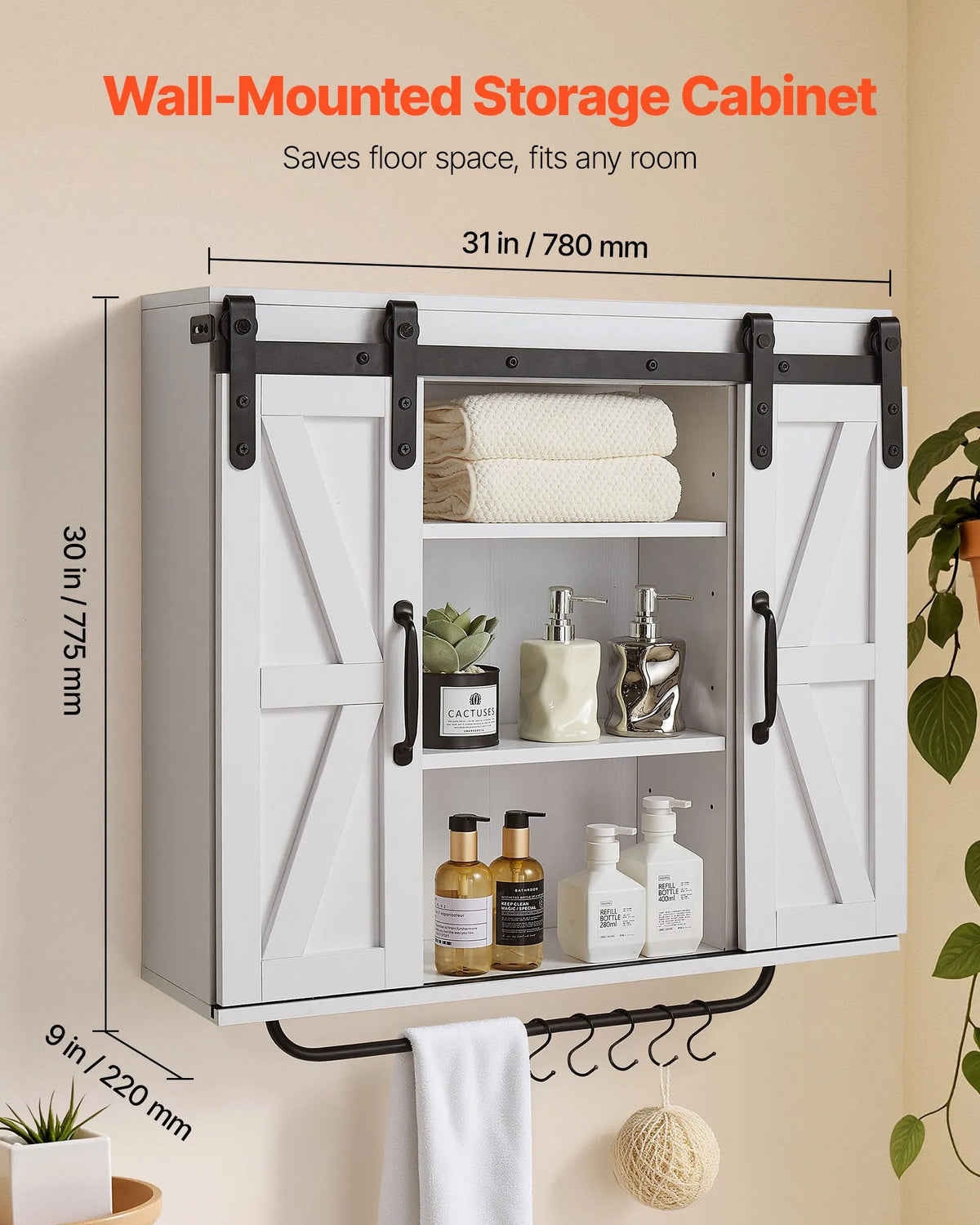 VEVOR Bathroom Wall Cabinet with 2 Doors and Adjustable Shelf, Hanging Cabinet Above Toilet with Open Compartment, Towel Rack and Hooks, Suitable for Bathroom, Laundry or Kitchen, White