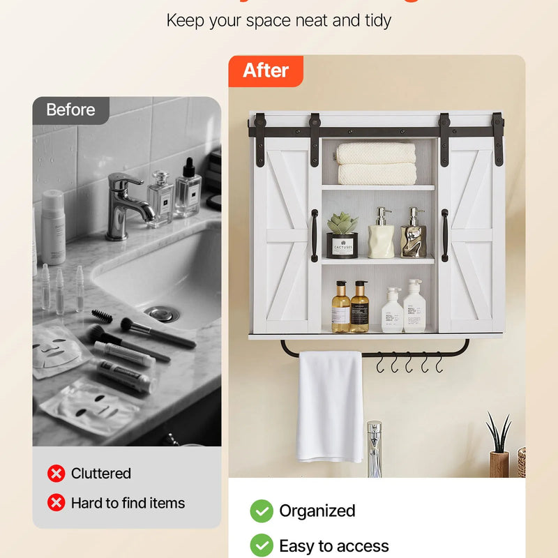 VEVOR vannas istabas sienas skapis ar 2 durvīm un regulējamu plauktu, piekaramais skapītis virs tualetes ar atvērtu nodalījumu, dvieļu turētāju un āķiem, piemērots vannas istabai, veļas vai virtuves telpai, balts